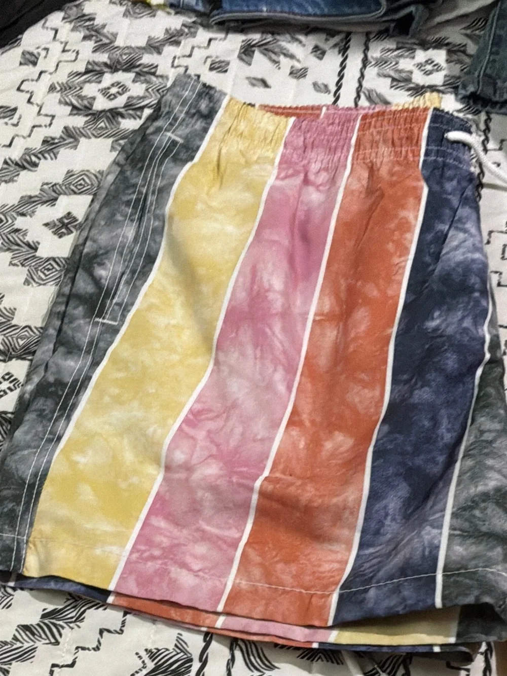 Fashion Nova Men's Striped Swim Trunks in Pink, Orange, Yellow & Blue